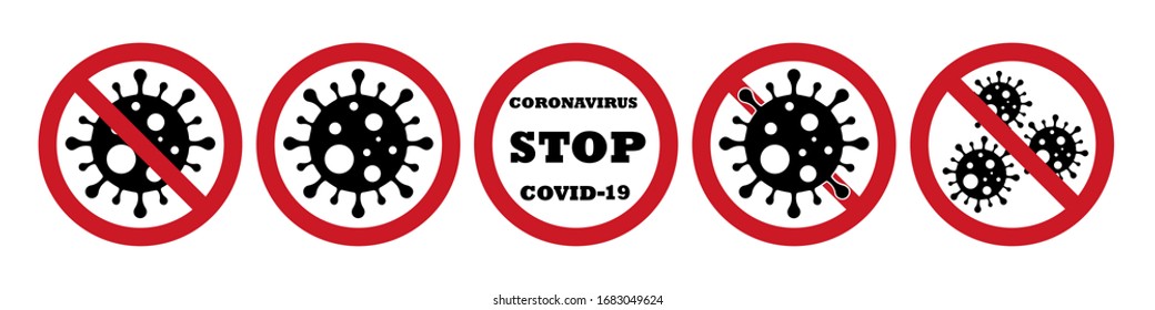 Coronavirus Icon with Red Prohibit Sign, 2019-nCoV Novel Coronavirus Bacteria. No Infection and Stop Coronavirus Concepts. Dangerous Coronavirus Cell in China, Wuhan. Isolated Vector Icon EPS 10