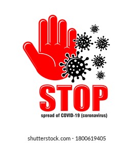 Coronavirus Icon with Red Prohibit Sign. Red human palm against black bacteria COVID-19. Stop spread coronavirus Concept. Illustration, vector on transparent background