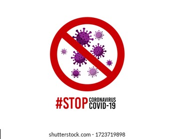 Coronavirus Icon with Red Prohibit Sign,No Infection and Stop Coronavirus Concept isolated on white background,violet color virus,Text of the hashtag