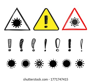 Coronavirus icon in red and yellow prohibitive triangular and rhombus signs danger of infection 2019-ncov, stop coronavirus Exclamation point Vector illustration.