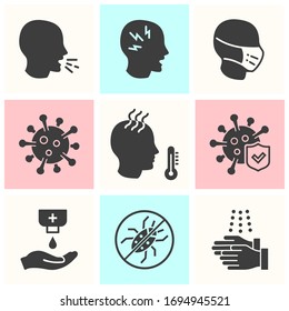 Coronavirus icon set. Black vector illustrations isolated on white.