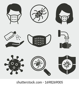 Coronavirus icon set. Black vector illustrations isolated on white.