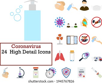 Conjunto de iconos de Coronavirus. Diseño plano. Ilustración vectorial totalmente editable. Texto expandido.