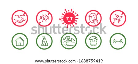 Coronavirus icon set for infographic with prevention tips and recommendations. Isolated corona virus flat signs with precautions and preventions to stop spreading. Vector, EPS 10