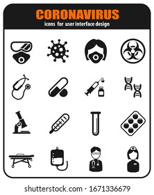 Coronavirus Icon Set für Infografik oder Website. Novel Coronavirus 2019-nCoV. Epidemie 2019 und 2020 COVID-19