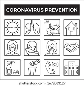 Coronavirus icon set for infographic or website. CoV-2019 prevention vectors. Covid - 19 pandemic