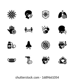 Coronavirus icon set for infographic or website in black solid flat design icon isolated on white background
