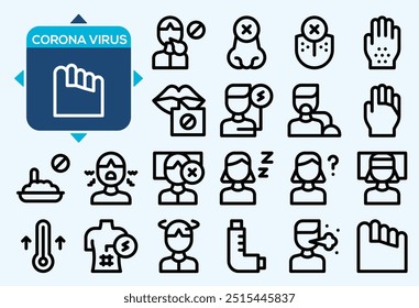 Ícone de coronavírus definido para infográfico ou site - sintomas, transmissão, prevenção, tratamento. Novo Coronavírus 2019-nCoV. Epidemia de 2019 e 2020