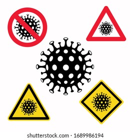 Coronavirus icon set isolated transparent background. Corona virus warning. Biohazard sign, quarantine logotype, caution illustration, attention logo, prevention symbol, protect zone, stop infection. 
