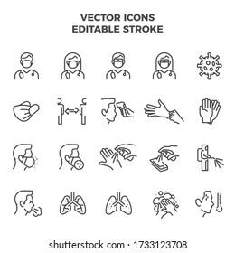 Coronavirus Icon Set Linear Line Icons Fully Editable Stroke Containing Such Icons Like: Face Mask Virus Temperature Disinfection Washing Hands Cough Lungs Sanitize Sanitizer Doctor Distance