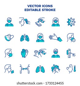 Coronavirus Icon Set Linear Line Color Icons Fully Editable Stroke Containing Such Icons Like: Face Mask Virus Temperature Disinfection Washing Hands Cough Lungs Sanitize Sanitizer Doctor Distance