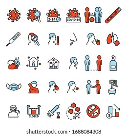 Coronavirus icon set. Prevention, transmition, advice, treatment and other. Covid-19 virus icon set. Vector.