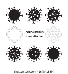 Coronavirus icon set. Simple geometric line art coronavirus elements on black background. Covid-19 Novel virus. No Infection and Stop Coronavirus Concept. Black and white vector medical poster, banner