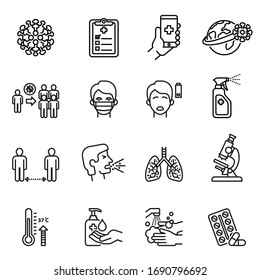 Coronavirus icon set. symptoms, transmission, prevention, treatment contagion, infection and more. Thin line style stock vector.