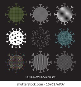 Coronavirus icon set. Textured geometric and hand drawn coronavirus elements on black background. Covid-19 Novel Coronavirus. No Infection and Stop Coronavirus Concept. Vector medical poster, banner.