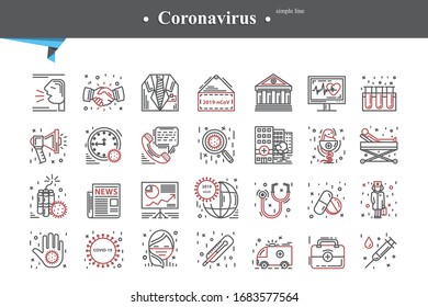 Coronavirus icon set thin line gray and red isolated on a white background.Human Virus preventative care.Symptoms epidemic disease.Dangerous respiratory infection illustration.