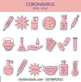 Coronavirus Icon für die Website eingestellt. Symptome, Übertragung, Prävention, Behandlung. Novel Coronavirus 2019-nCoV. Vektorillustration eps10