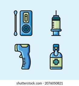 Coronavirus Icon Set.Antigen Test Kit,Syring,forehead Thermometer,alcohol Gel Bottle