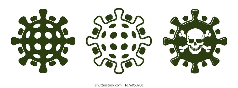 Coronavirus icon with skull and bones. Lethal viral infection sign. Vector illustration print style.