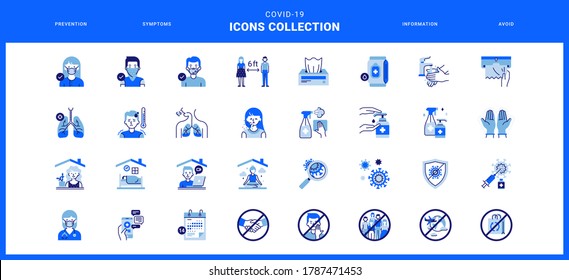 Coronavirus icons collection in blue color. Modern COVID-19 illustrations about prevention, symptoms, information and avoid