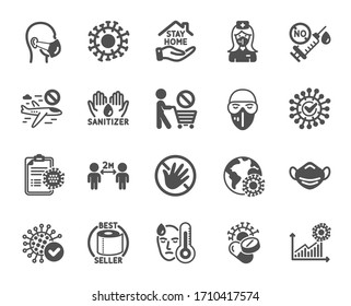 Coronavirus icons. Medical mask, washing hands hygiene, protective glasses. Stay home, hands sanitizer, coronavirus epidemic mask icons. Covid-19 virus pandemic, no vaccine, toilet paper. Vector