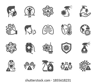 Coronavirus icons. Medical Mask, Washing Hands, Corona Virus Symptoms. Social Distance, Hand Sanitizer, Face mask icons. Covid-19 pandemic, Lung Disease, coronavirus hygiene. Vector