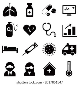 Coronavirus icons set for infographic or website. Contains such Icons as Protective Measures, Coronavirus Symptoms, oxygen, vaccine, medicine, Incubation Period and more. vector illustration