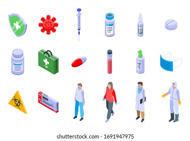 Coronavirus icons set. Isometric set of coronavirus vector icons for web design isolated on white background