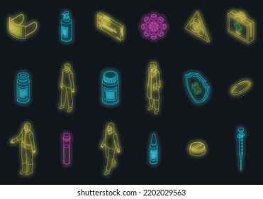 Coronavirus icons set. Isometric set of coronavirus vector icons neon color on black