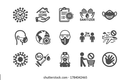 Coronavirus Icons Set. Medical Mask, Protective Glasses, Washing Hands. Covid-19 Virus Pandemic. Stay Home, Hands Sanitizer, Coronavirus Epidemic Mask Icons. No Vaccine. Quality Set. Vector