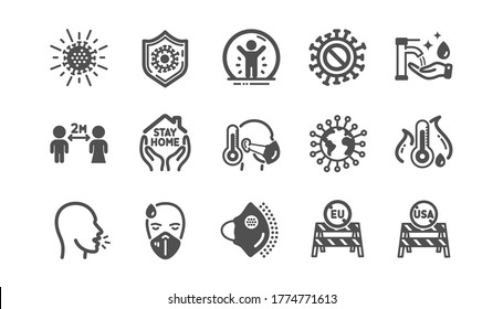 Coronavirus icons set. Medical protective mask, washing hands hygiene, eu shut borders. Stay home, safe distance, coronavirus epidemic mask icons. Covid-19 virus pandemic, usa close borders. Vector