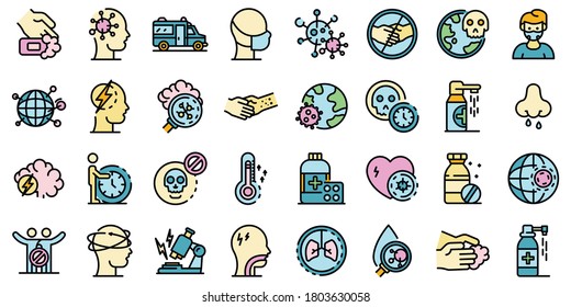 Coronavirus icons set. Outline set of coronavirus vector icons thin line color flat on white