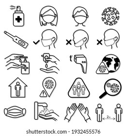 Coronavirus icons set. Symptoms, transmission, prevention, treatment. COVID-19 or nCoV epidemic. isolated vector eps10