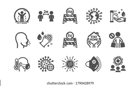 Coronavirus icons set. Washing hands hygiene, medical protective mask, eu shut borders. Stay home, safe distance, coronavirus epidemic mask icons. Covid-19 virus pandemic, usa close borders. Vector