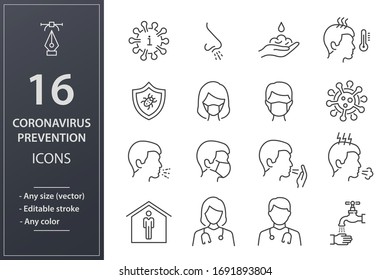 Coronavirus icons, such as symptoms, bacteria, cough, infection and more. Editable stroke.