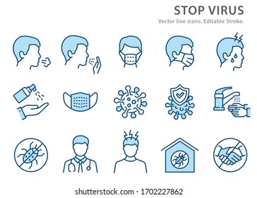 Coronavirus icons, such as symptoms, bacteria, cough, health and more. Vector illustration isolated on white. Editable stroke.