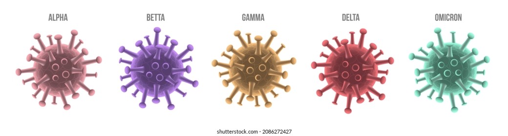 Coronavirus Icons, Variants Of Corona Virus From Greek Alphabet Vector Illustration. 3d Alpha Beta Gamma Delta And Omicron Germ Ball With Protein Spikes, New Mutation Strain Of Covid From South Africa