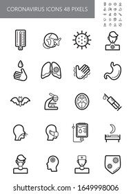 Coronavirus icons vector. Infected human sign illustration. CoV-2019 prevention, coronavirus symptoms. Icons of fever, chill, sinusitis, diarrhea are shown. 