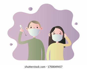 Coronavirus, ill boy and girl, virus infection, wearing breathing mask, quarantine, stay at home, medical treatment, hospital check up, sick couple with temperature and cough, vector illustration
