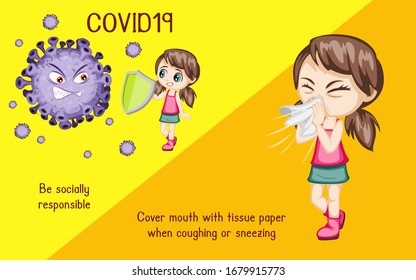Coronavirus Illustrated Cards For Children. Prevent Covid19. Be Socially Responsible. Stay at Home. Prevention of Coronavirus Disease 2019