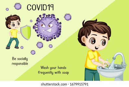 Coronavirus Illustrated Cards For Children. Prevent Covid19. Be Socially Responsible. Stay at Home. Prevention of Coronavirus Disease 2019