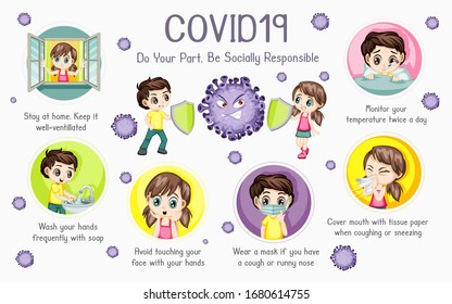 Coronavirus Illustrated Cards For Children. Prevent Covid19. Be Socially Responsible. Stay at Home. Prevention of Coronavirus Disease 2019