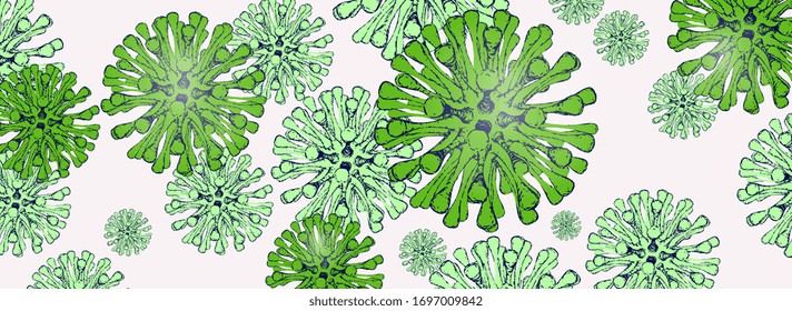 Coronavirus-Illustration. COVID-19. Pandemie. Virus. Krankheit. 3D-Rendering. Medizin und Mikrobiologie. Virus unter dem Mikroskop. Nahaufnahme. Vektorillustration EPS10. 