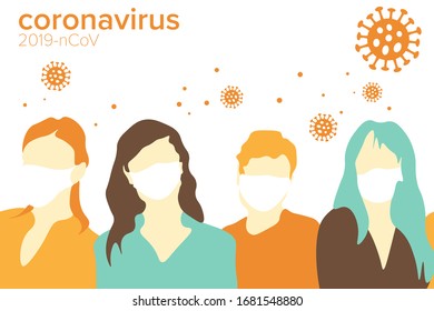 Coronavirus illustration with females in white medical face mask. Concept of coronavirus infection, quarantine, epidemic, pandemic. EPS 10.