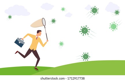 Coronavirus illustration. Vector man trying to catch a virus in the air with a stick for catching butterflies. Human protection and prevention of the spread of the disease.
