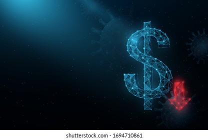 Coronavirus impact global economy stock markets financial crisis background. Cost reduction dollar down icon from lines, triangles and particle style design