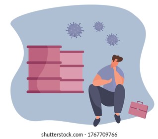 Coronavirus Impact on Falling Oil Prices. World Oil Crisis during Coronavirus. Oil Price Drop and Сollapse of Economy. Businessman in Panic. Flat Vector Illustration