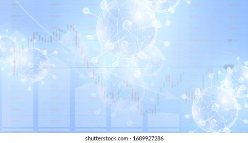 Coronavirus impact on global economy and stock markets, financial crisis concept on blue background. Graphs representing the stock market crash. Shares fall down. Markets plunging. Economic fallout.