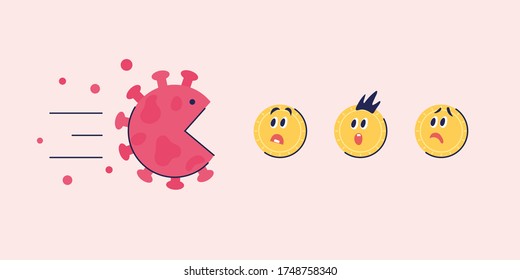 Coronavirus Impact On The Personal And Business Finance System. Giant Corona Virus Cell Swallows Piggy Bank. People Lose Money Concept. Covid World-wide Pandemic And World Crisis Vector Illustration.