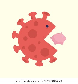Coronavirus Impact On The Personal And Business Finance System. Giant Corona Virus Cell Swallows Piggy Bank. People Lose Money Concept. Covid World-wide Pandemic And World Crisis Vector Illustration.